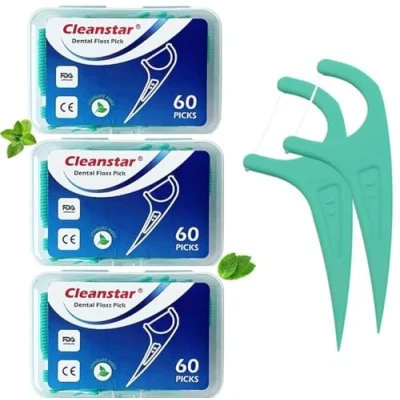 Imagen de DenCare palillos de hilo dental con certificación FDA y CE, 180 unidades, sabor a menta, resistentes las trituraciones, limpieza dientes, fuerte, paquete 3