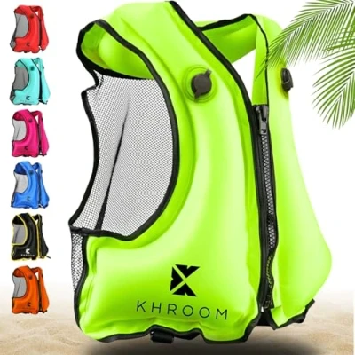 Imagen de Khroom Chaleco de natación Hinchable Conforme a la última Norma EU 150 210 cm Altura Corporal, hasta 100 kg flotabilidad para Adultos Snorkel, Kayak y Sup (V2 Amarillo)