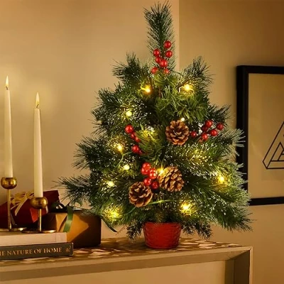 Imagen de Vothen 20inch árbol de Navidad pequeño, Mini Artificial preiluminado con Luces LED cálidas, Adornos piña Frutos Rojos para decoración navideña del hogar