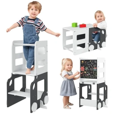 Imagen de AIYAPLAY Torre de Aprendizaje 4 en 1 Taburete para Niños +3 Años Forma Coche Convertible Mesa y Silla con Pizarra Doble Cara Barra Seguridad 58x46x92 cm Blanco Gris