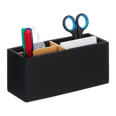 Imagen de Relaxdays Compartimentos, Color Negro Organizador de Escritorio, Bambú, 4 Compartimientos, Oficina o Baño, Portalápices, 8 x 21 9 cm