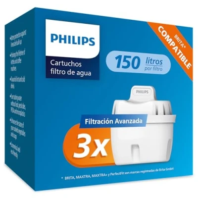 Imagen de Philips Water Cartuchos de filtro agua repuesto Filtración Avanzada, pack 3 filtros, compatible con Brita, reduce los MICROPLÁSTICOS, el CLORO, la CAL, METALES PESADOS