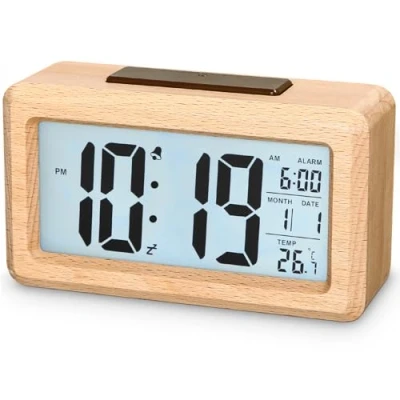 Imagen de Exyvox Despertador Digital, de Madera con Gran Pantalla, Reloj sobremesa módulos sensores, Digital Snooze, 12/24 Horas, Fecha, visualización Temperatura,