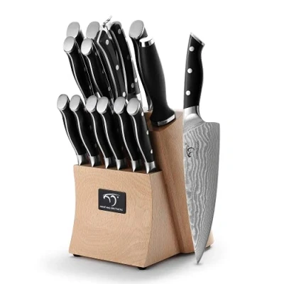 Imagen de Juego de Cuchillos Cocina Damasco, con Bloque, Chef, Afilador y Tijeras (Set Cuchillo 15 Piezas Damasco)