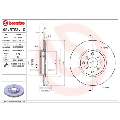 Imagen de BREMBO 09.6752.10 Disco de freno 282 23 4 ventilación interna con tornillos HONDA: CIVIC 6 Hatchback, PRELUDE 4, Fastback