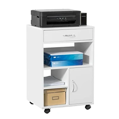 Imagen de SoBuy FBT106 W Soporte para Impresora Multifuncional Armario de Oficina Mesa Auxiliar con Cajón y Puerta Blanco 50 x 75 40 cm ES