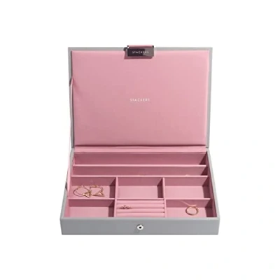 Imagen de STACKERS &#039;Classic Size&#039; Dove Grey Cross Hatch Lidded Stacker Jewellery Box with Antique Pink Liningg