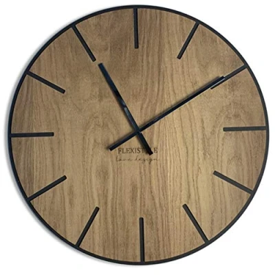 Imagen de FLEXISTYLE Reloj de Pared Grande 60 cm Madera Roble Negro Natural para Oficina Sala Estar Dormitorio silencioso sin tictac