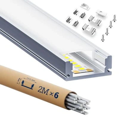 Imagen de HOOLED 6 x perfil aluminio para tiras LED 2 m, con tapa de PC blanco leche, Dimensiones 17,4 mm 7 mm, ancho máximo tira 12,4