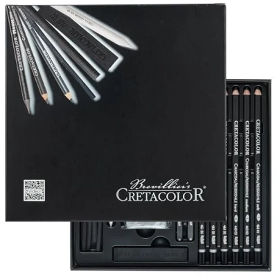 Imagen de CRETACOLOR Black Box, set de 20 piezas carboncillo y dibujo, estuche regalo, incl. goma borrar amasada limpiador papel
