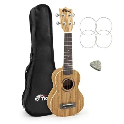 Imagen de Tiger UKE14 ZB Ukelele soprano de madera cebra con cuerdas carbono, bolsa concierto, repuesto y púa fieltro