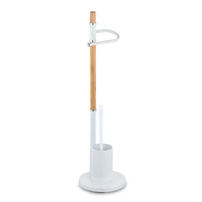 Imagen de HERSIG Portarrollos Papel Higiénico de Pie Soporte Higienico y Escobillero Metal Bambu Color Blanco d20,5x75,5cm
