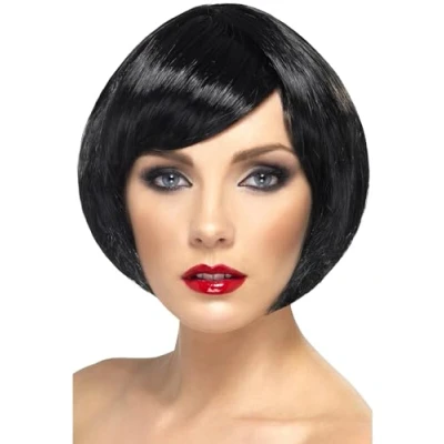 Imagen de Smiffys Peluca de chica bonita, negra, corta, corte bob con flequillo