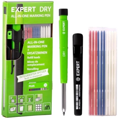 Imagen de EXPERT Rotulador todo en uno Dry con 11 minas Marcador de agujeros profundos recargables juego Plus Versátil madera, vidrio, metal Lápiz carpintero sacapuntas integrado