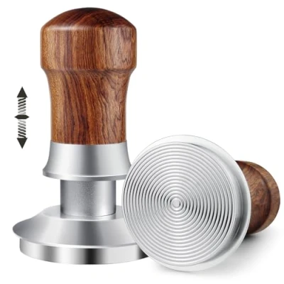 Imagen de HOLIHOKY Coffee Tamper 54 mm, 30 lbs de presión prensado café con acero inoxidable 304, base ondulada, constante, doble muelle para portafiltros Sage mango madera nogal