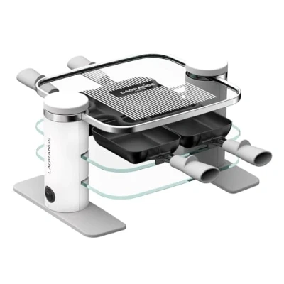 Imagen de LAGRANGE 079401 Aparato de raclette para 4 personas, 500 W, Bandejas cristal, bandeja superior desmontable limpieza simplificada, repostar estufas, diseño limpio, botón encendido y