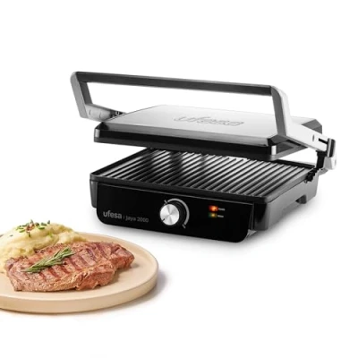 Imagen de Ufesa Jaya 2000 Parrilla Eléctrica, Panini Press Grill, 2000W, Placas Antiadherentes 29 x 23.2cm, Apertura 180ª, Asa Tacto Frío, Regulador de Temperatura, Negro Inox