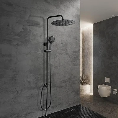 Imagen de Görbach Columna Ducha sin Grifo Negra de Hidromasaje Altura Adjustable Set Acero Inoxi 304 Conjunto con Alcachofa Mano, Estante y Cabezal Lluvia D30cm