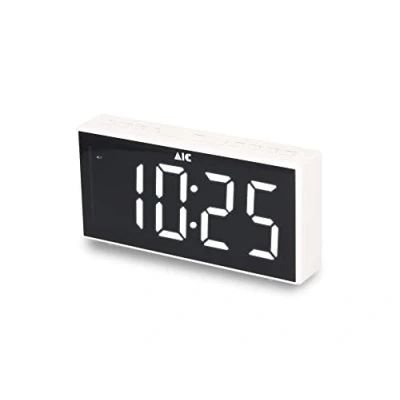 Imagen de AIC Radio Reloj Despertador Digital Portátil con FM, Pantalla LED Blanca tamaño Jumbo de 24 x 11 cm, Brillo Regulable 5 Niveles, Alarma Doble, Batería Respaldo, Mod. 48XXL Color Blanco