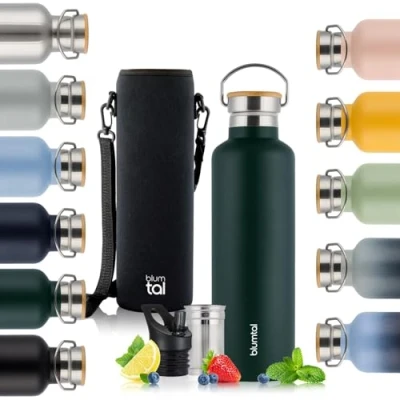 Imagen de Blumtal Termo 750ml botella de acero inoxidable doble pared isotérmica libre BPA té deportiva Verde oscuro