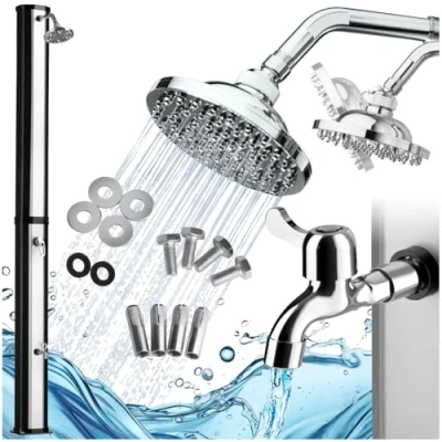 Imagen de TecTake® Ducha Exterior Jardin, Resistente a la Intemperie, Temperaturas Altas, Alcachofa 360, Grifo de Jardin para Pies, Conexión Manguera, Solar 35 L Negro/Plata