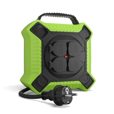 Imagen de MutecPower Alargadera 10 metros IP44 enrollacables 10m enrollador de cable para exteriores con 4 tomas schuko corriente protegidas, alargador H05RR F 3G1,5 Negro/Verde