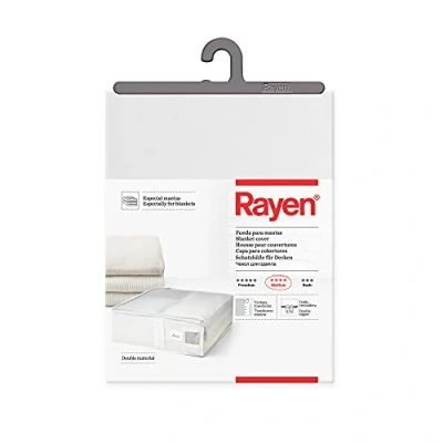 Imagen de Rayen Caja de almacenaje ropa y mantas cama. Bolsa tela para con cremallera, rejilla transpirable, plegable resistente. 55 x 65 20 cm. Blanco/Translúcido