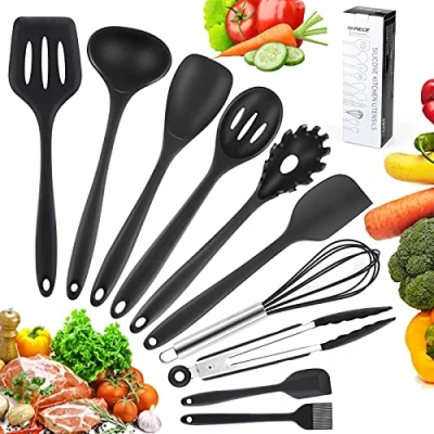 Imagen de Utensilios de Cocina Silicona, Hippodance Cocina, Menaje sin BPA Antiadherente Resistente al Calor,Cuchara para Espaguetis,Espátulas,Espatulas Silicona Cocina(10 piezas)