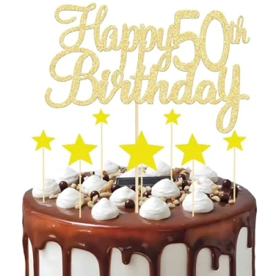 Imagen de 8 Piezas Decoracion Torta 50 Cumpleaños, 1 Happy 50th Birthday Topper y 7 Decoración de Tarta Estrella, para Tartas Cumpleaños Aniversario Productos Fiestas