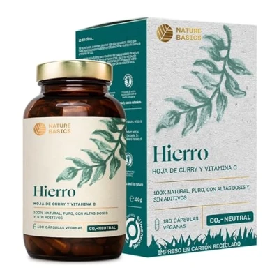 Imagen de Nature Basics® hierro natural certificado y sostenible en un tarro 180 (!) cápsulas altamente dosificadas 14mg de 80mg vitamina C por cápsula puro hoja curry rosa mosqueta