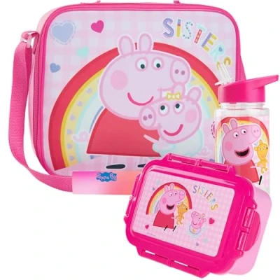 Imagen de Get Trend Peppa Pig Bolsa Termica Infantil con Fiambrera Almuerzo Botella Agua Niños Set de 3 Piezas Merienda Botellas Loncheras Material Escolar (Rosa Pig)