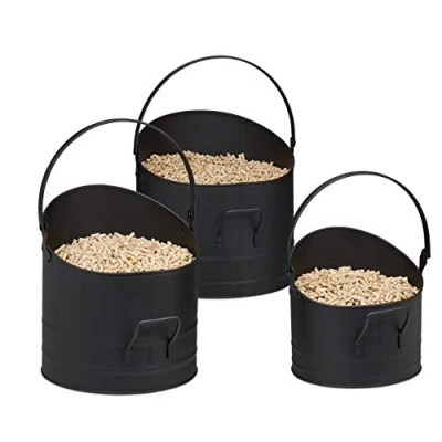 Imagen de Relaxdays Juego 3 Cubos para Pellets, 21, 25 y 30 cm ∅, Asa Lateral Superior, Bote Recogedor Cenizas Carbón, Negro, Acero, 21