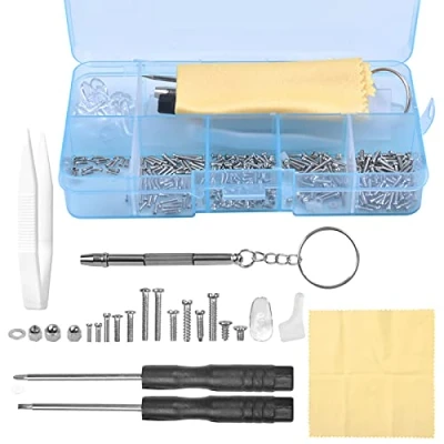 Imagen de 500 Piezas Tornillo para Gafas, Kit de Reparación Gafas con Mini Destornillador, Tornillos Tuercas, Almohadillas Silicona, Ganchos las Orejas, Pinzas Paño Relojes Sol