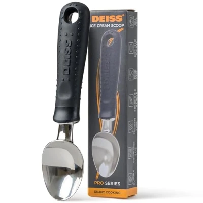 Imagen de Deiss Pro cuchara de helado acero inoxidable con mango goma suave, diseño ergonómico perfecto para un fácil agarre, resistente cucharar duro congelado y sorbete,