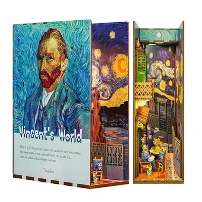 Imagen de Tonecheer Book Nook Kit Puzzle 3D de DIY Madera para Adultos Casa en Miniatura con Luz Booknook Decoración Hogar Estantería Regalos Personalizados (El Mundo Vincent)