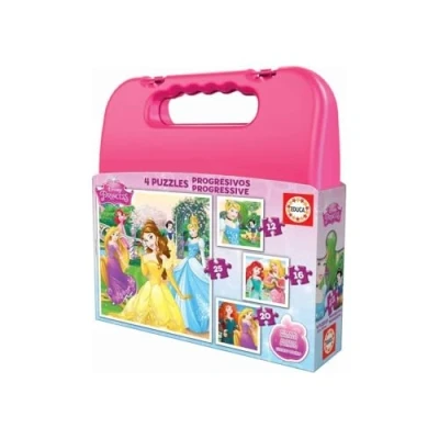 Imagen de Educa 4 Puzzles Infantiles Princesas Disney Maleta con progresivos recomendados para niños a Partir de 3 y5 años (16508)