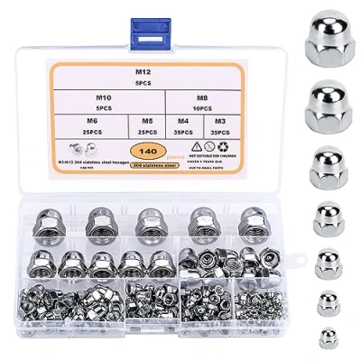 Imagen de Belle Vous Tuercas de Acero Inoxidable Domo (Pack 140) Tuerca Cerrada M3 / M4 M5 M6 M8 M10 y M12 Kit Variado Ciegas con Estuche Protección Uso en Interiores Exteriores