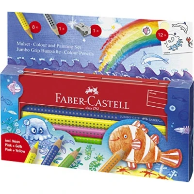 Imagen de Faber Castell 110908 Estuche escolar mundo acuático con 8 ecolápices de colores luminosos Jumbo Grip, que incluye afilalápices y 12 pegatinas para colorear