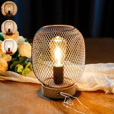 Imagen de JHY DESIGN lámpara táctil para mesita de noche, jaula metal, farolillo LED, funciona con pilas, acento inalámbrica bodas, eventos terraza, interiores y exteriores (redonda)
