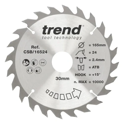 Imagen de Trend CraftPro Hoja de sierra TCT para corte transversal, 165 mm x 24 dientes 30 diámetro interior, punta carburo tungsteno, CSB/16524