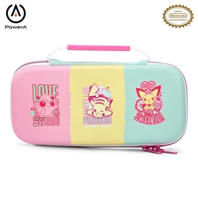 Imagen de funda protectora PowerA para Nintendo Switch, Switch Lite y modelo OLED, rígida con asa de transporte almacenamiento 9 tarjetas juego, oficial: Pokémon; Sweet Friends