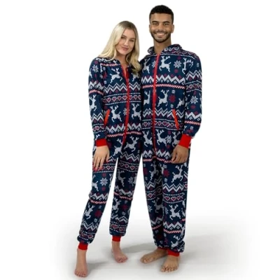 Imagen de Giggling Getup pijamas de Navidad para adultos con capucha, holgados hombre, navideños estampado nórdico, Azul, Small
