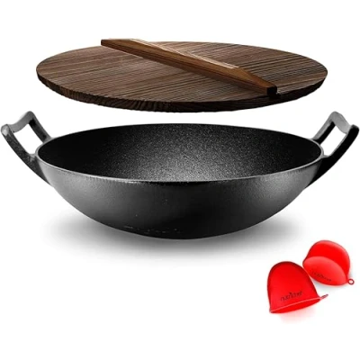 Imagen de NutriChef wok de hierro fundido, Sarten, Antiadherente, Tapa madera, Para todo tipo cocinas