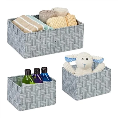 Imagen de Relaxdays Cestas de Almacenaje 2 Tamaños, Set 3, Cajas Organizadoras Tejidas, Baño, Decorativas, Plástico, Gris, 12,5 x 32 22 cm
