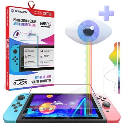 Imagen de Oniverse protector de pantalla para interruptor (cristal templado, antiluz, compatible con Nintendo Switch, pantalla, resistente y antiarañazos