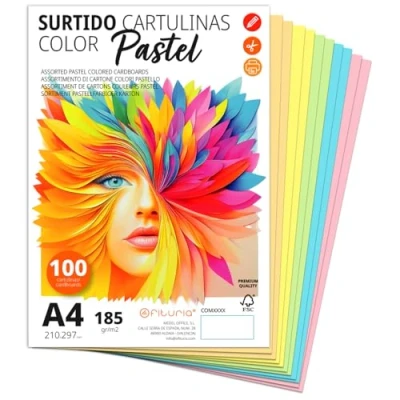 Imagen de Cartulina A4, Cartulinas de Colores, 185g/m2 para Manualidades, Educación, Hogar, Arte o Empresas, Colores A4 Surtidos Ofituria (100 Cartulinas, Surtido Pastel)