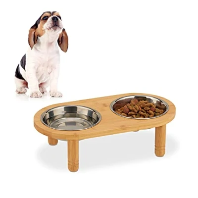 Imagen de Relaxdays Comedero Perro, Soporte con 2 Cuencos, 300 ml, Acero Inoxidable Bambú, 1 Ud, 9,5x34,5x18 cm, Plateado Marrón