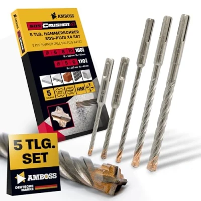 Imagen de Juego de brocas SDS+ 5 piezas, 4 PGM Ø 10 mm x 110/160 Herramientas AMBOSS SDS Crusher Broca HM para hormigón, metal duro, profesional hormigón armado,