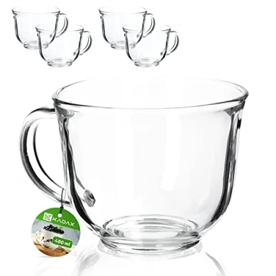 Imagen de KADAX Juego de 4 vasos té con asa 480 ml, aptos para lavavajillas, bebidas frías y calientes, tazas café, zumo cristal (480 ml)