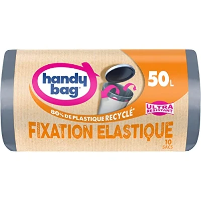 Imagen de Handy Bag bolsas de basura con fijación elástica 50 x 10 Mantiene la bolsa en su lugar Ultra Resistente Película triple grosor al agua máxima 100% plástico reciclado